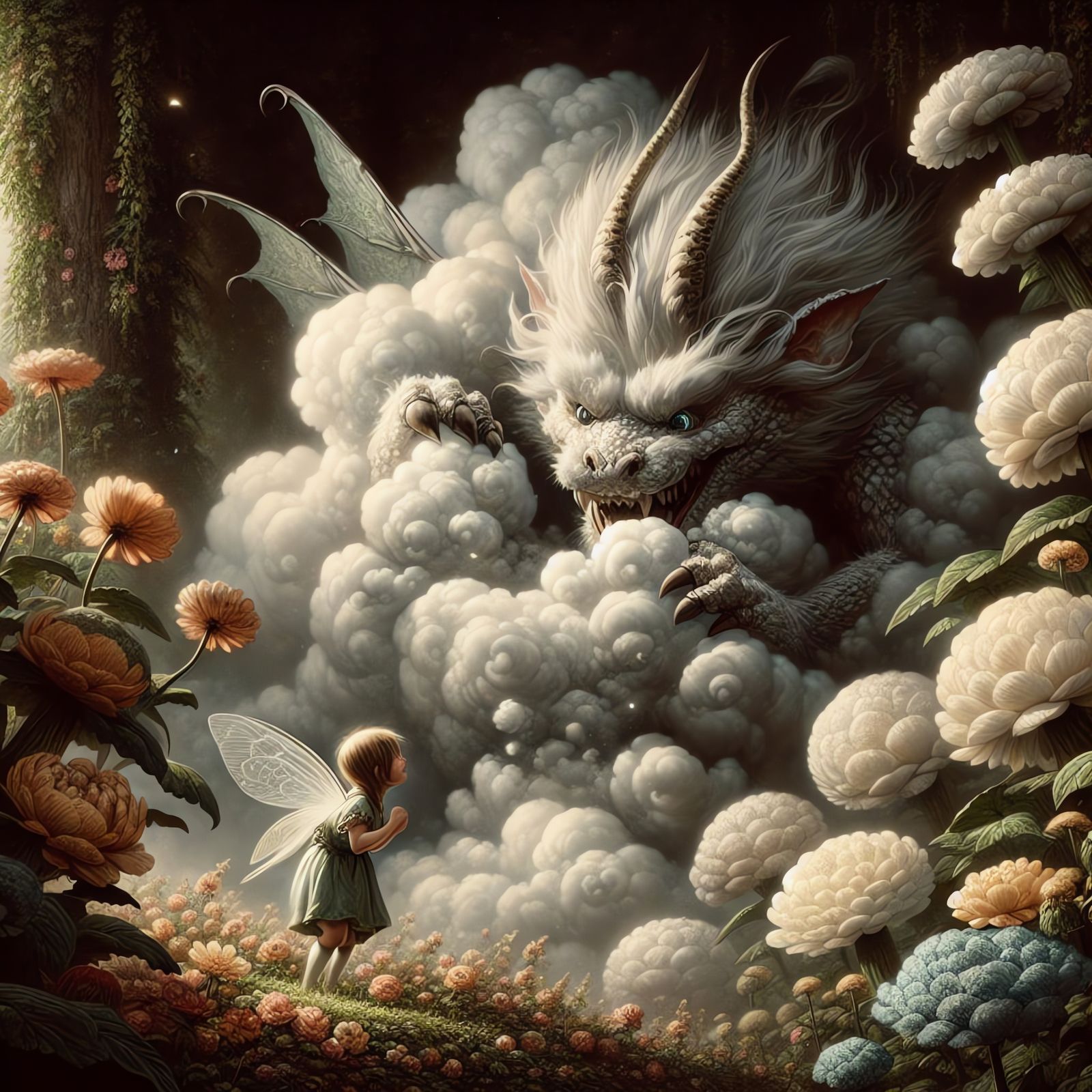 Whimsical Fairy Child Plays Hide-and-Seek with Cloud Dragon....