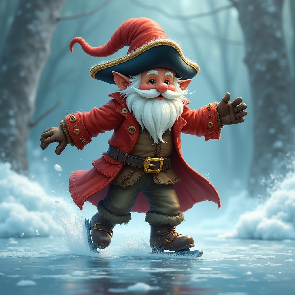 Gnome Pirate Skating on Thin Ice in Mythical Landscape
