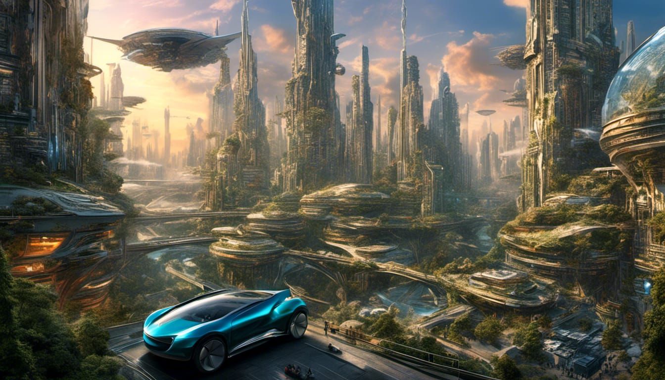 Futuristic Vehicle Speeds Through Fantasy City