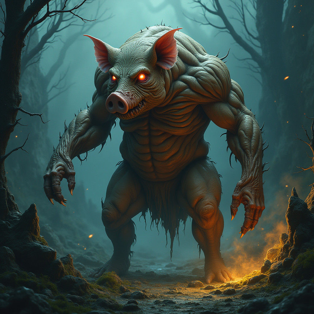 Grotesque Pig-Man Hybrid in Dark Matte Painting