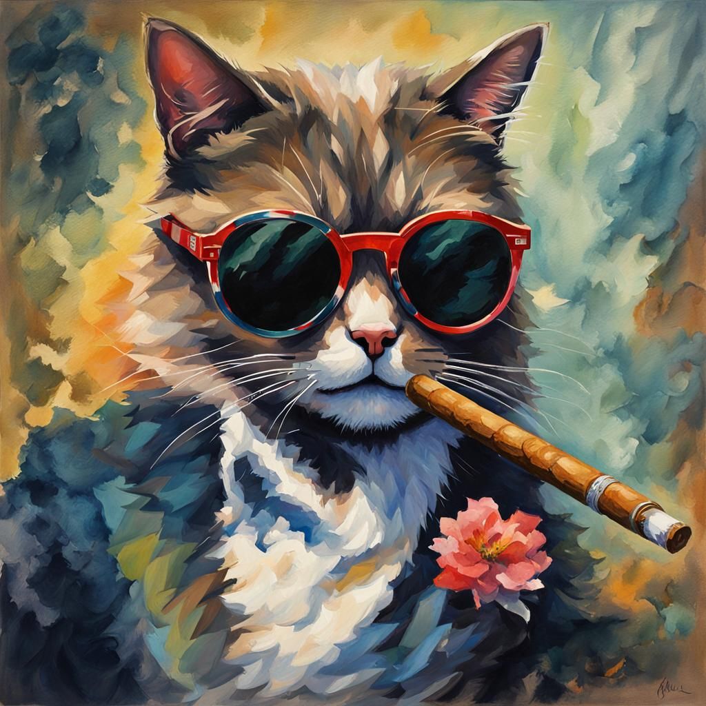 Cat Smoking Cigar in Gouache Watercolor Style