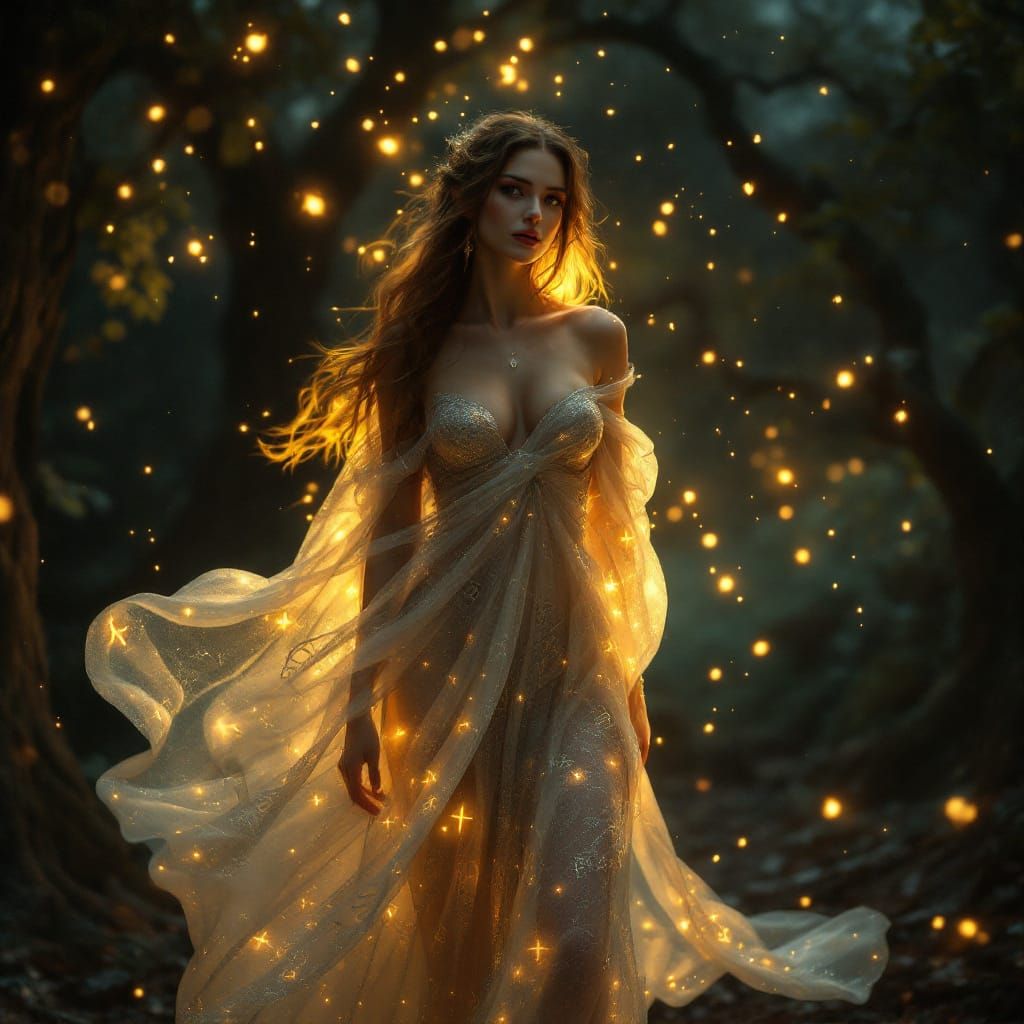 Fantasy Sorceress in Enchanted Midnight Forest