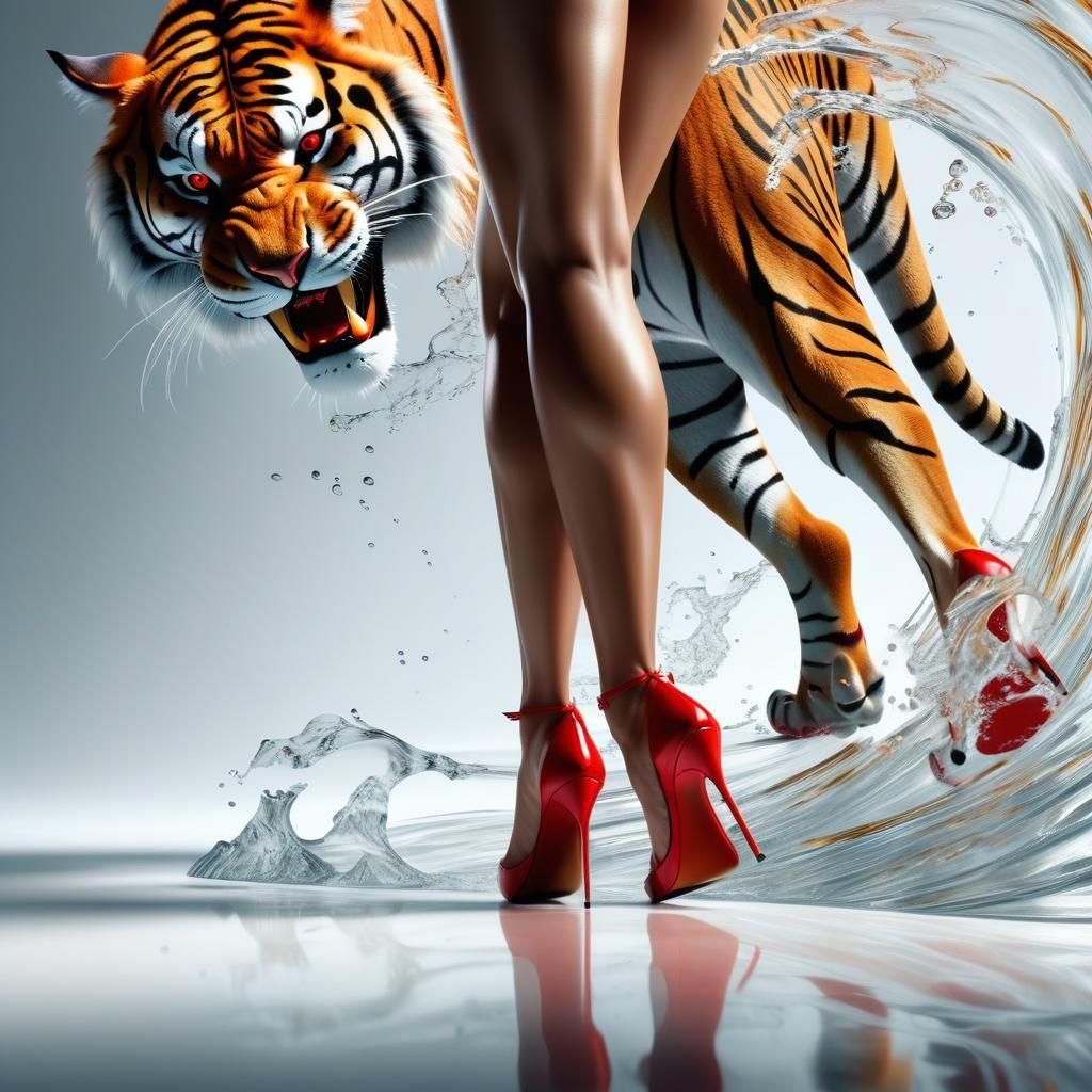 Woman and Tiger Silhouette in Hyperrealistic Style