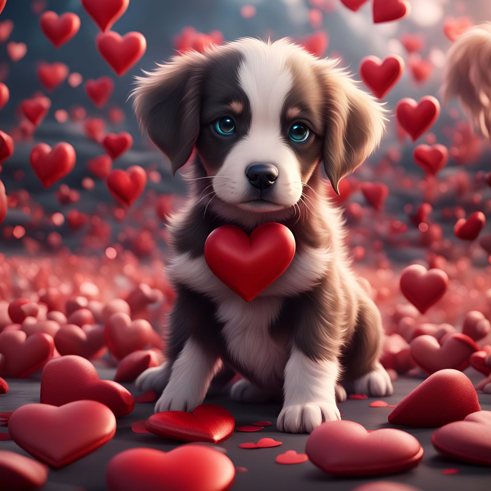 Puppy Surrounded by Hearts: Detailed Matte Painting
