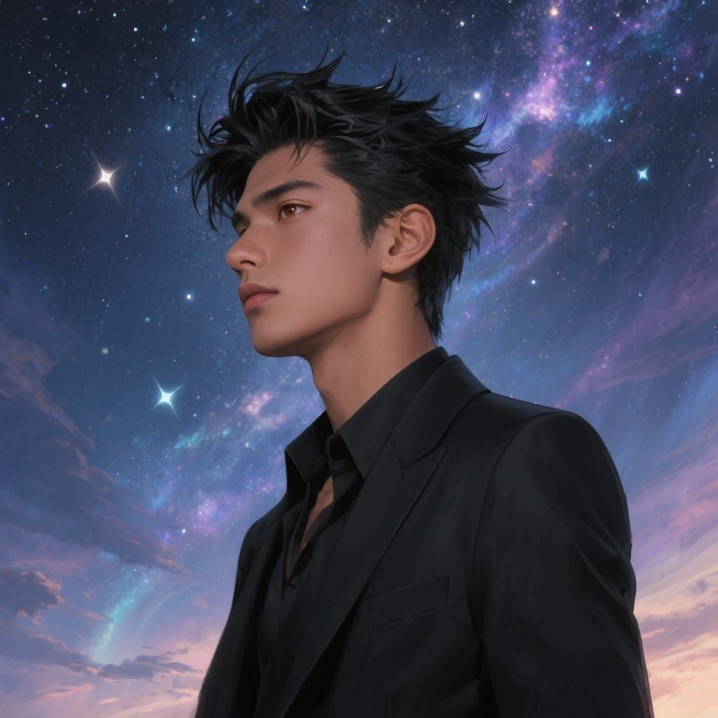 Man Under Ethereal Starry Sky in Matte Painting Style