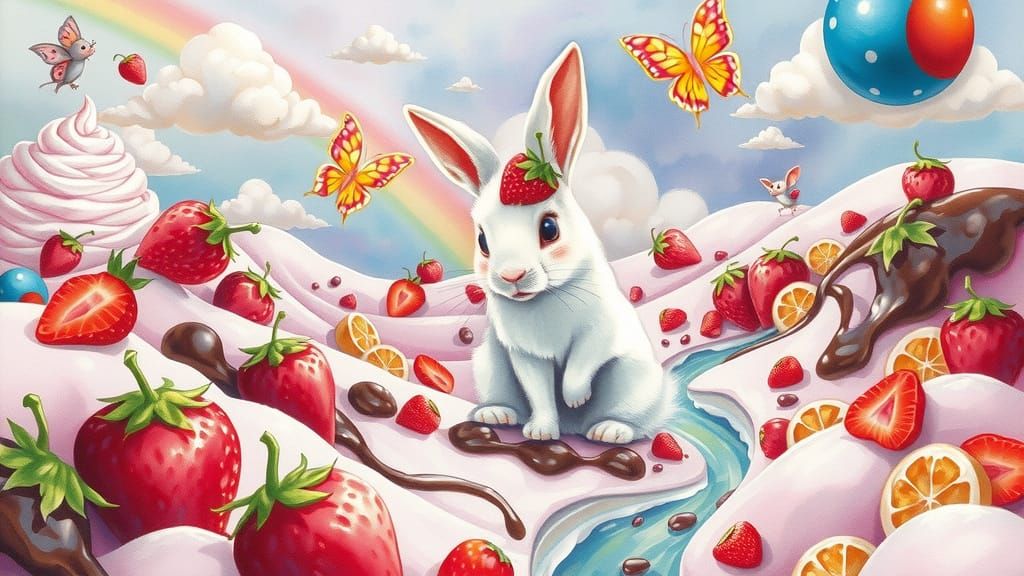 Surreal Strawberry Wonderland in Whimsical Watercolor Style