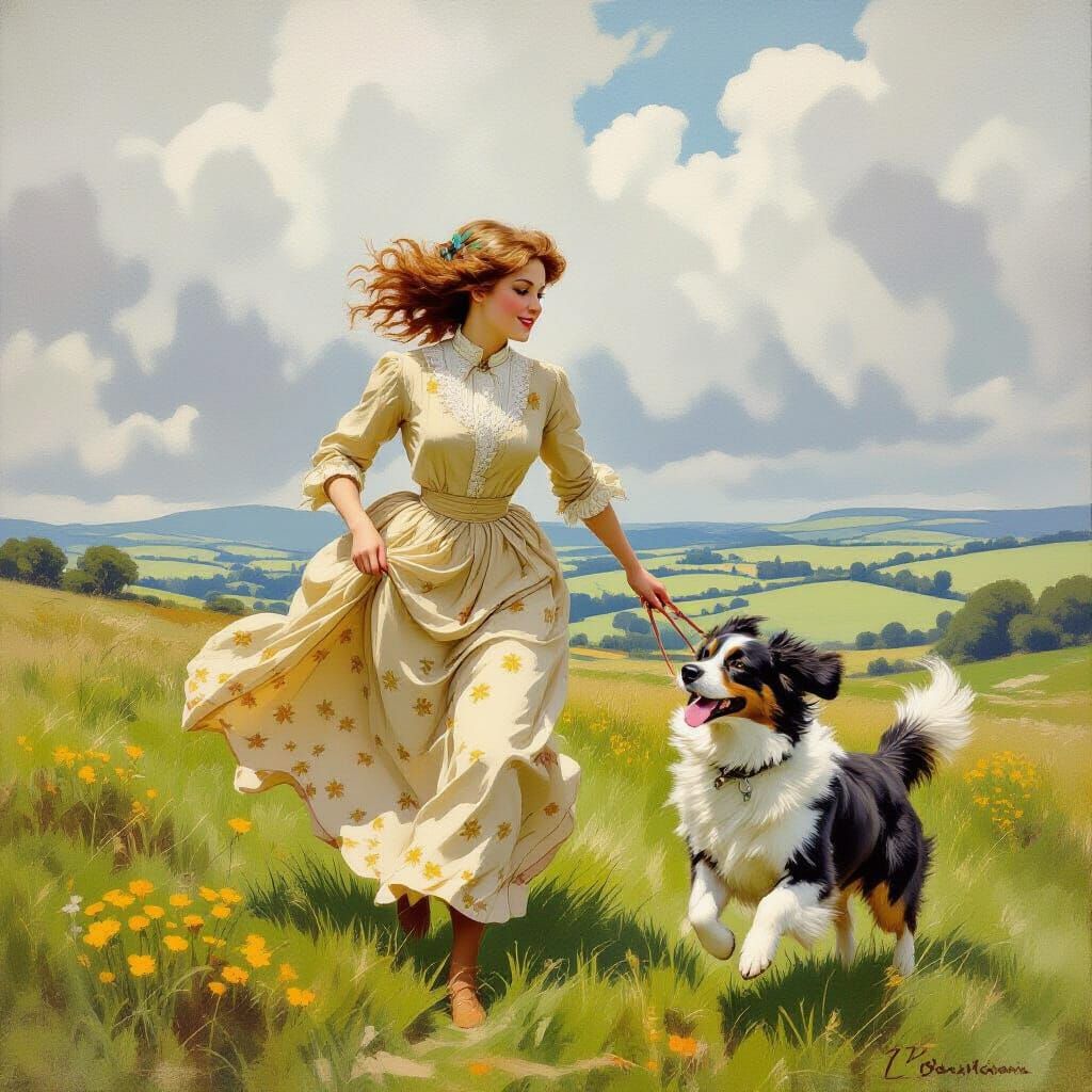 Victorian Woman Running with Dog in Impressionistic Meadow