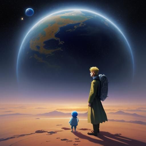 stunning digital illustration for antoine de saint-exupery's novel "the little prince", an image of the prince and his s...
