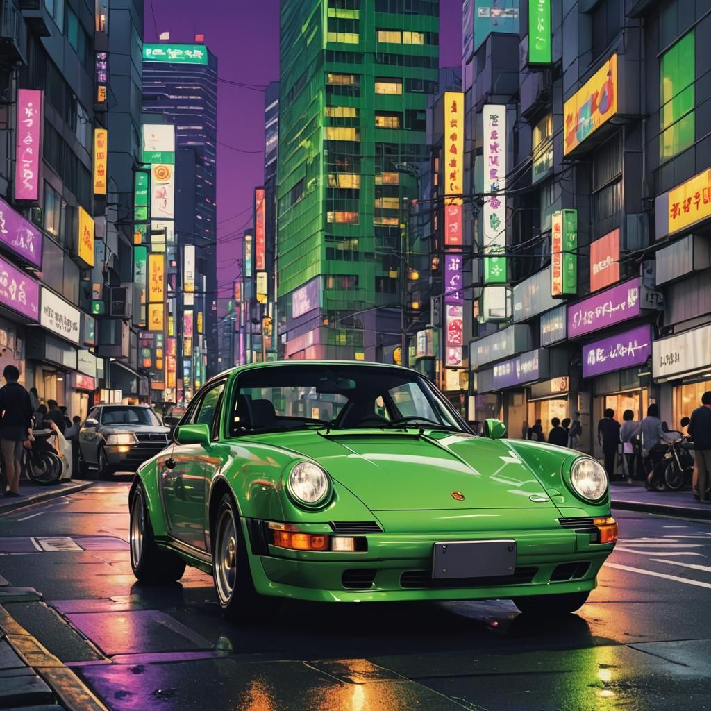 Porsche 911 in Tokyo at Night, Neo-Cubist Style
