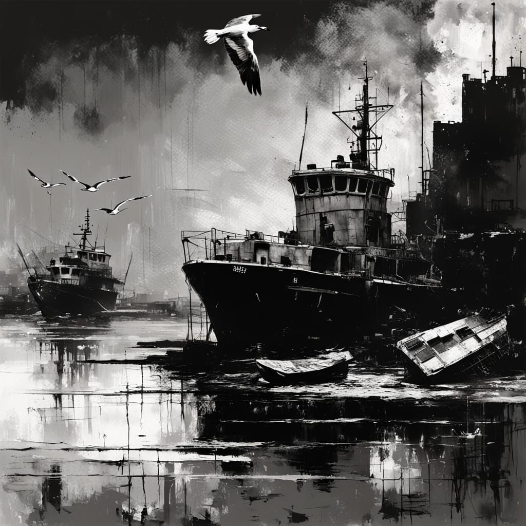 Post-Apocalyptic Harbour with Seagull in Impasto Style