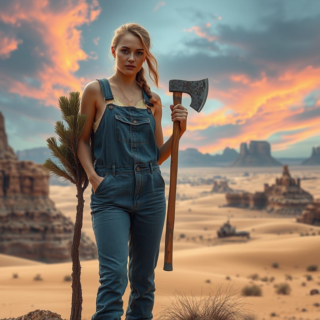 Hyperrealistic Woman with Axe in Arid Desert Landscape