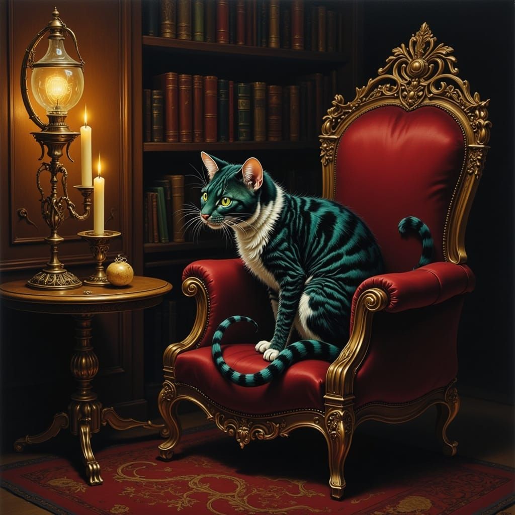 Majestic Cat in Candlelit Library Digital Painting