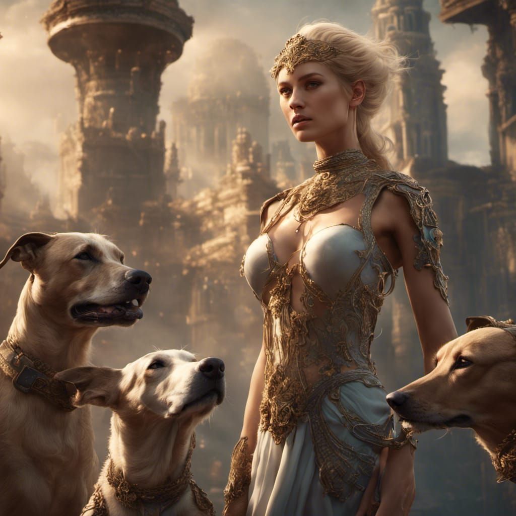 Blond Goddess with Greyhounds in Detailed Painting