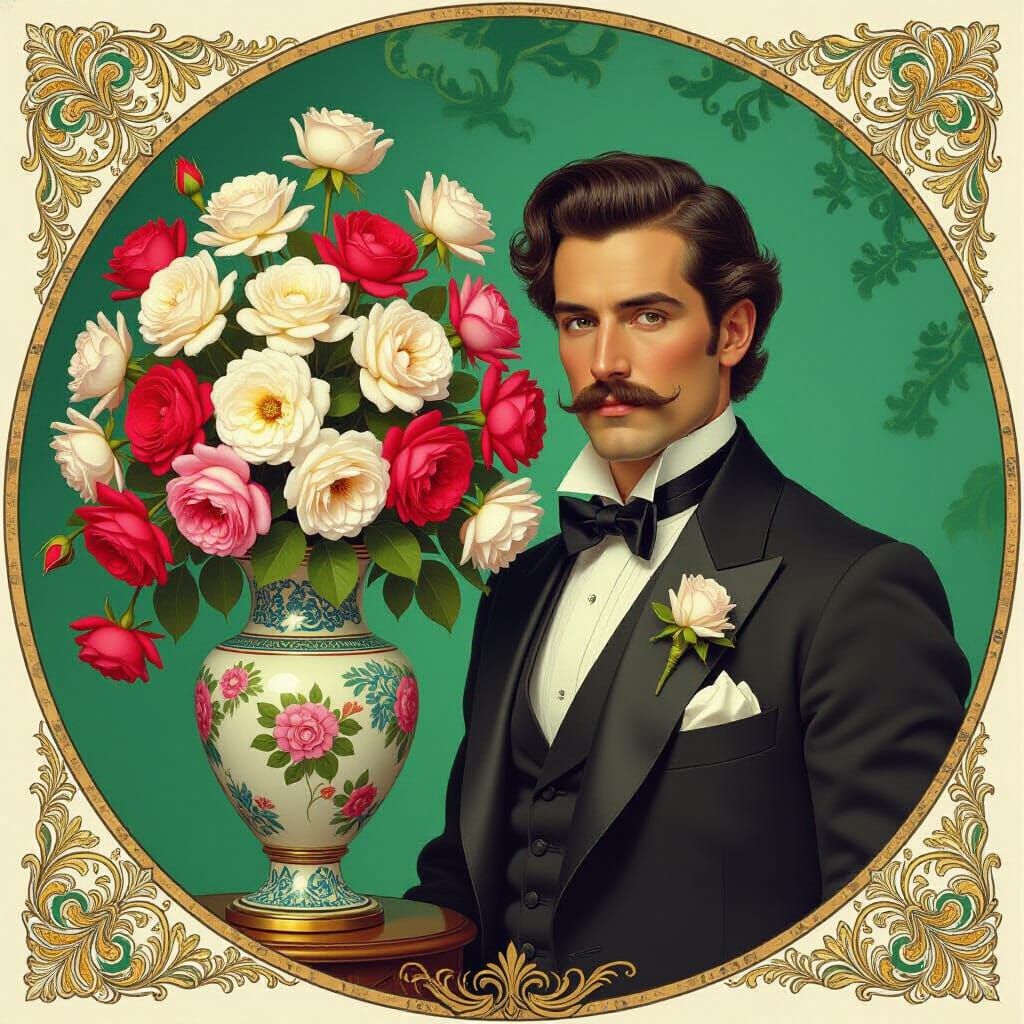 Gustavo Adolfo Rol Gazing with Roses in Art Nouveau Style