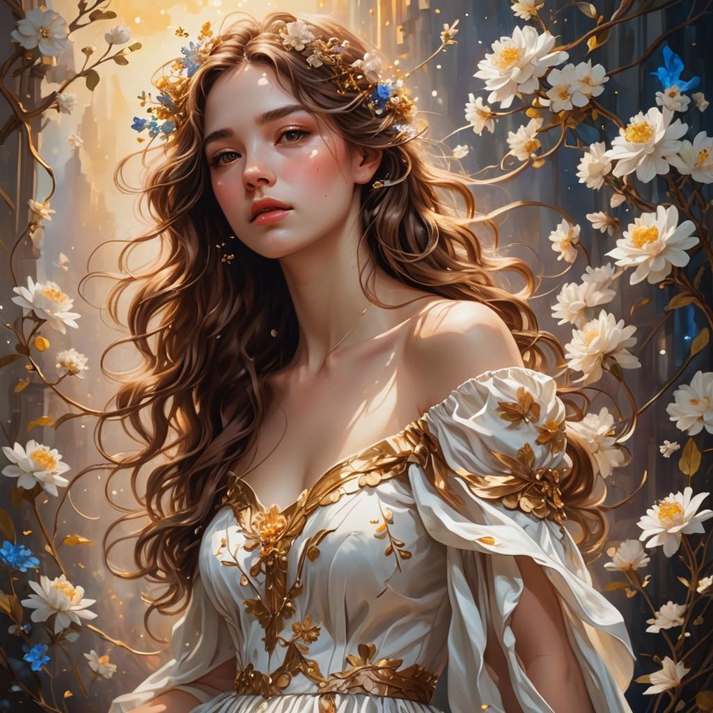 Fantasy Portrait of Woman with Flowers, Art Nouveau Style