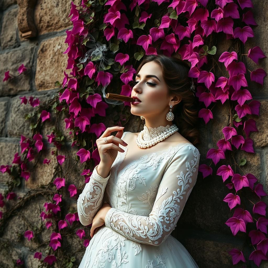 Bride Smoking Cigar Against Ivy Wall: Hyper-Realistic Photog...
