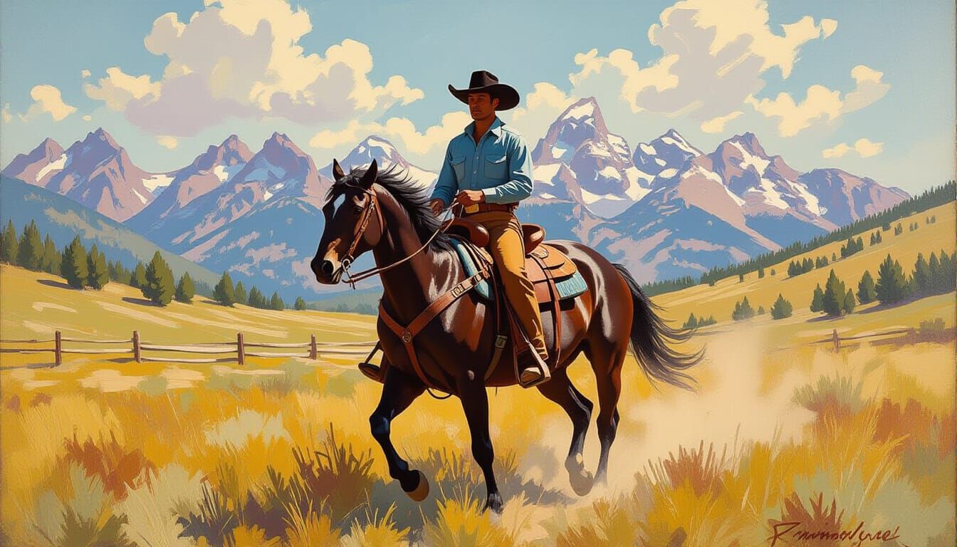 Cowboy Riding Horse Through Mountain Meadow in Impressionist...