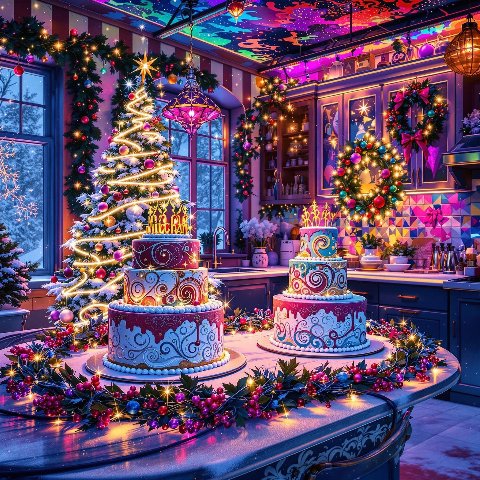 Vibrant Winter Kitchen Scene with Majestic Christmas Cakes