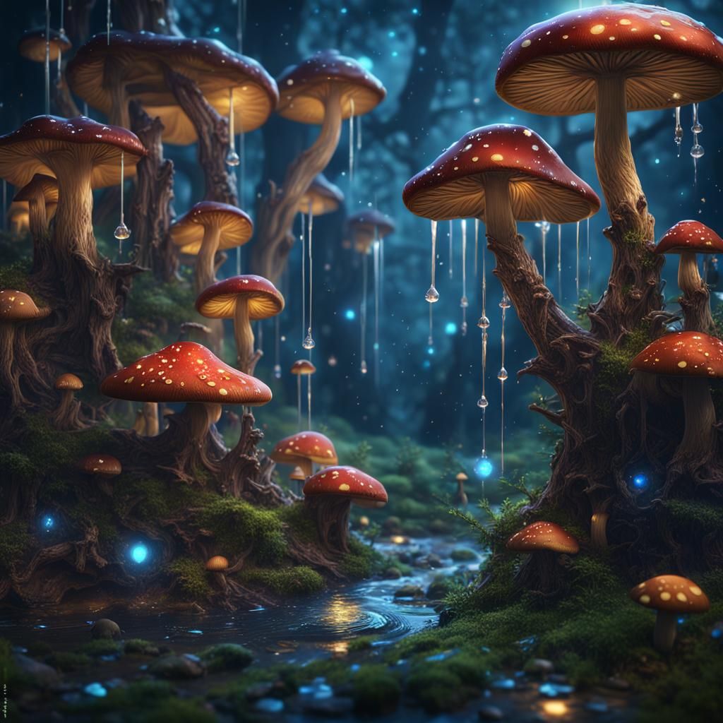 Fantastical Mushrooms Dripping Under Starry Sky
