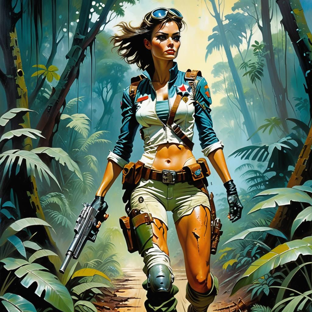 Female Pilot in Jungle, Frazetta Style Oil Painting