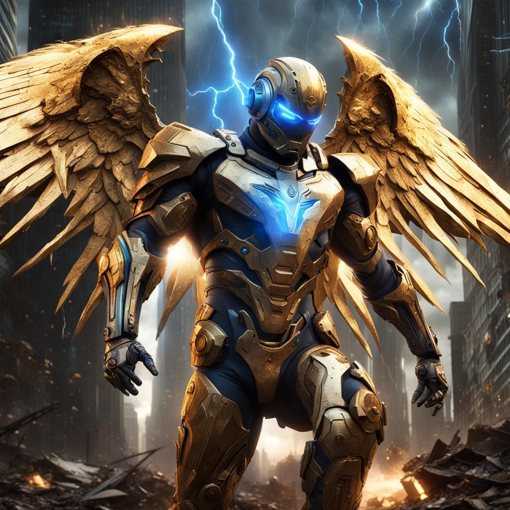 Cybernetic Angel of Lightning in Ruined City