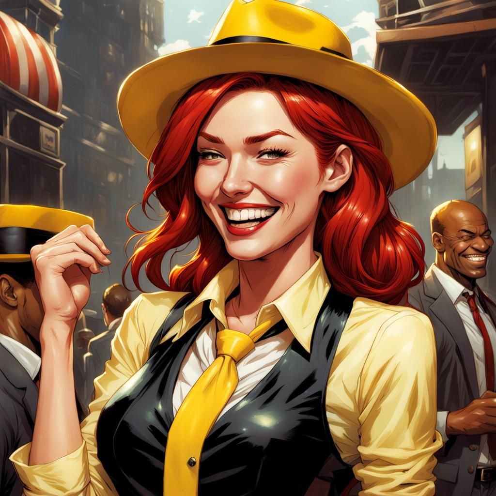 Redhead in Fedora Laughing, as Comic Book Art