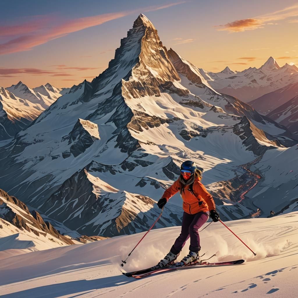 Girl Skiing at Sunset in Zermatt: Fantasy Concept Art