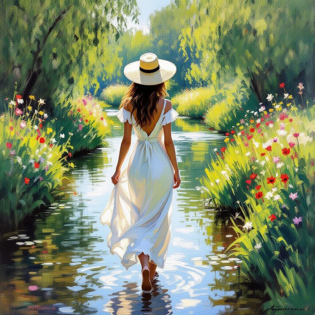 Woman Strolls by Stream in Impressionist Style