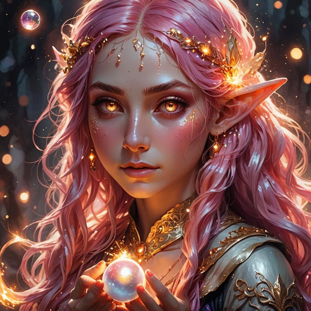Elf Maiden Holding a Shining Pearl in Fantasy Art