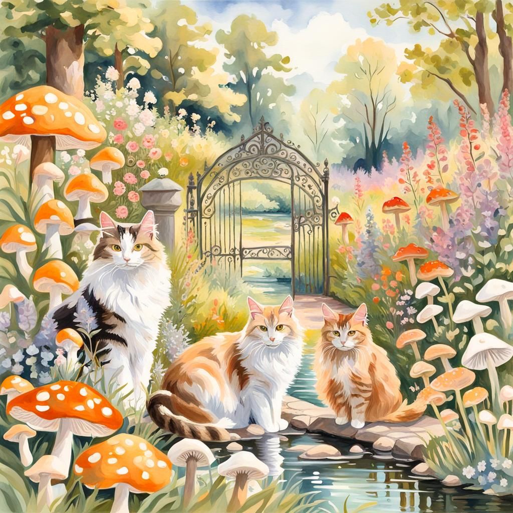 Cats in Country Garden, Gouache Watercolor Painting