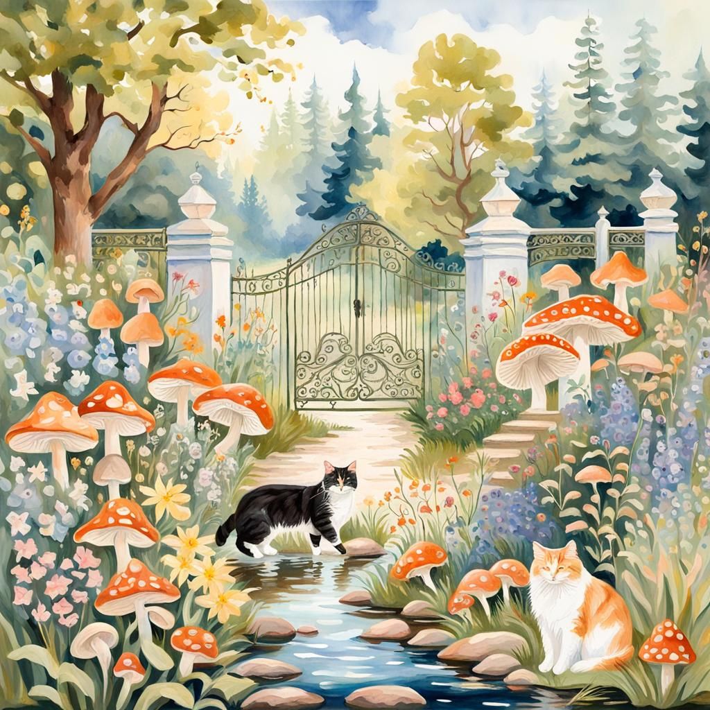 Country Garden Cats in Gouache Style