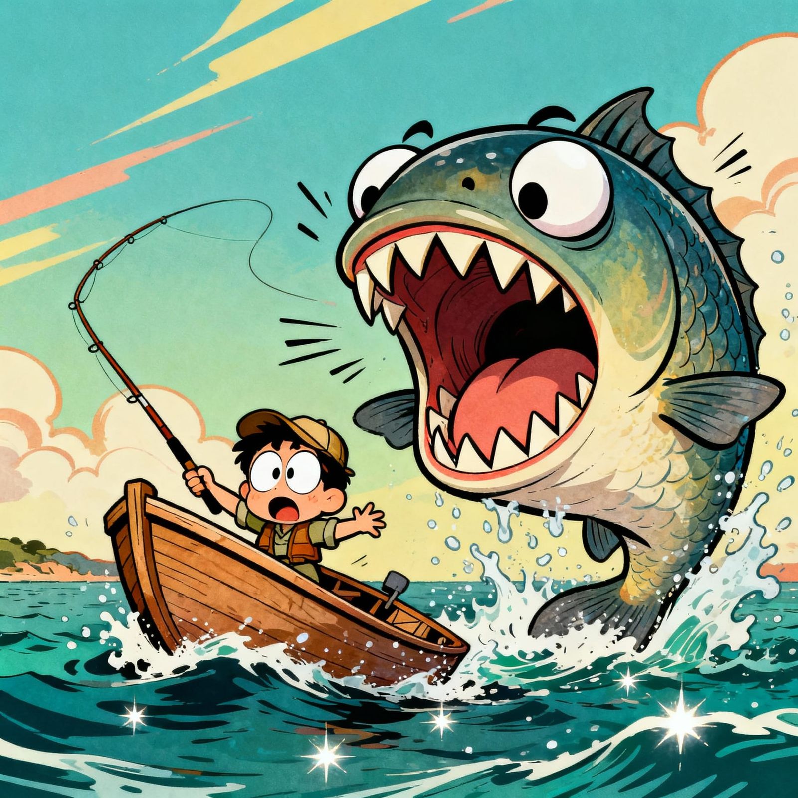 Comedic Fishing Disaster in Retro Cartoon Style