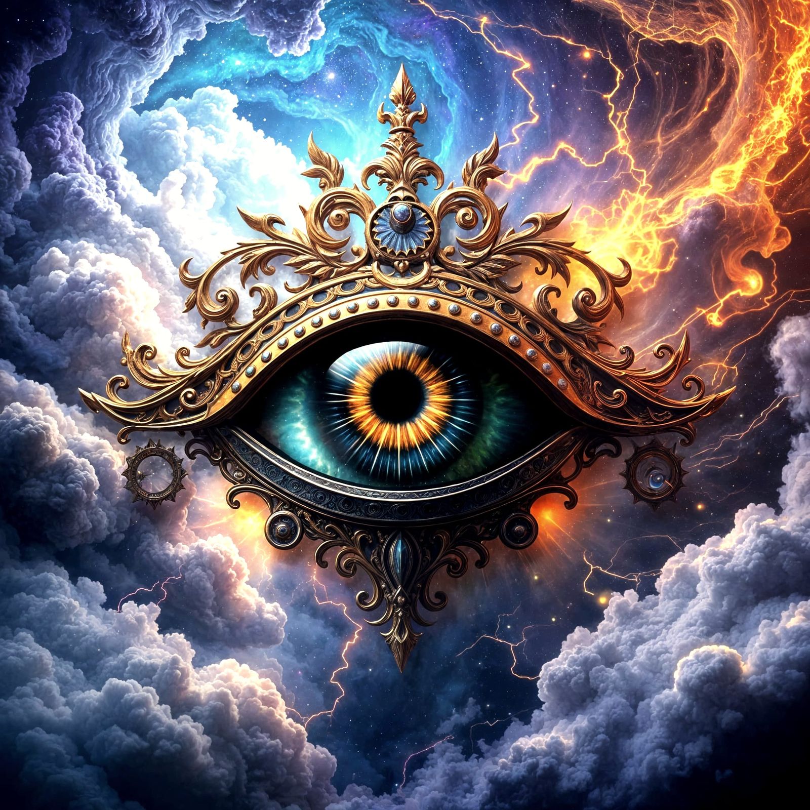 Surreal Eye of Wisdom in Vibrant Cosmic Landscape