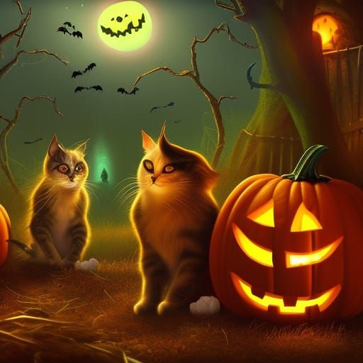 Funny Halloween Cats in Moonlight: Fantasy Concept Art