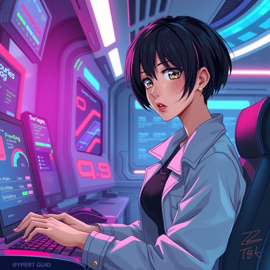 Anime Woman in Cyberpunk Office Environment