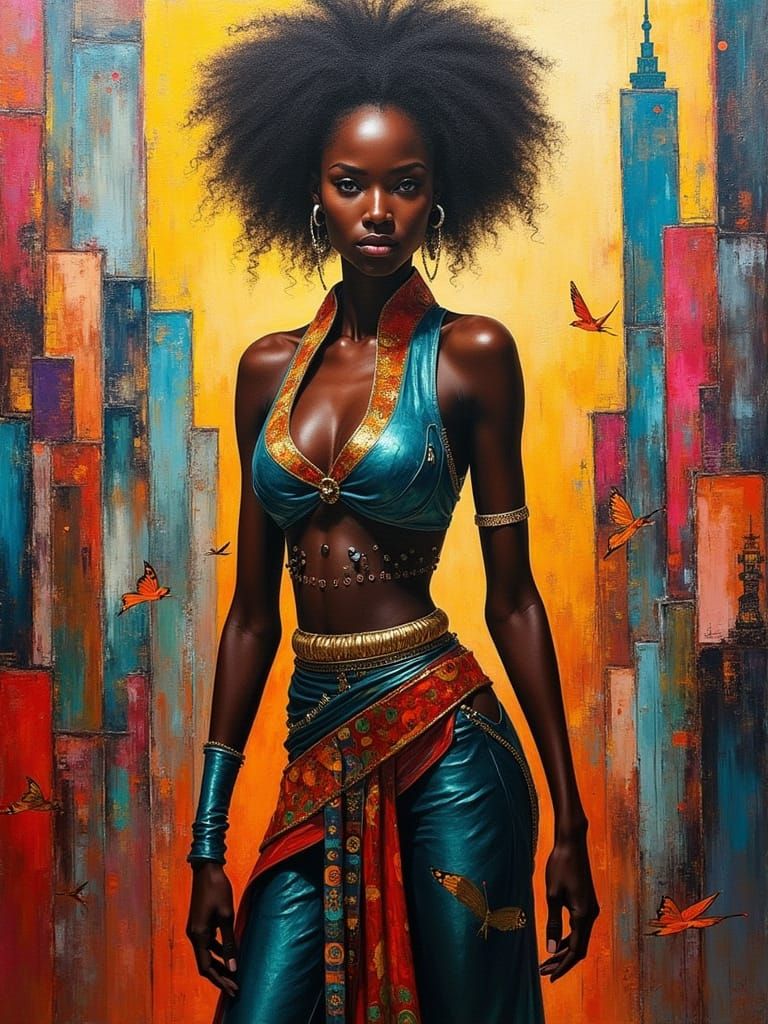 Resilient Woman in Afrofuturist Style, a Cubist Painting