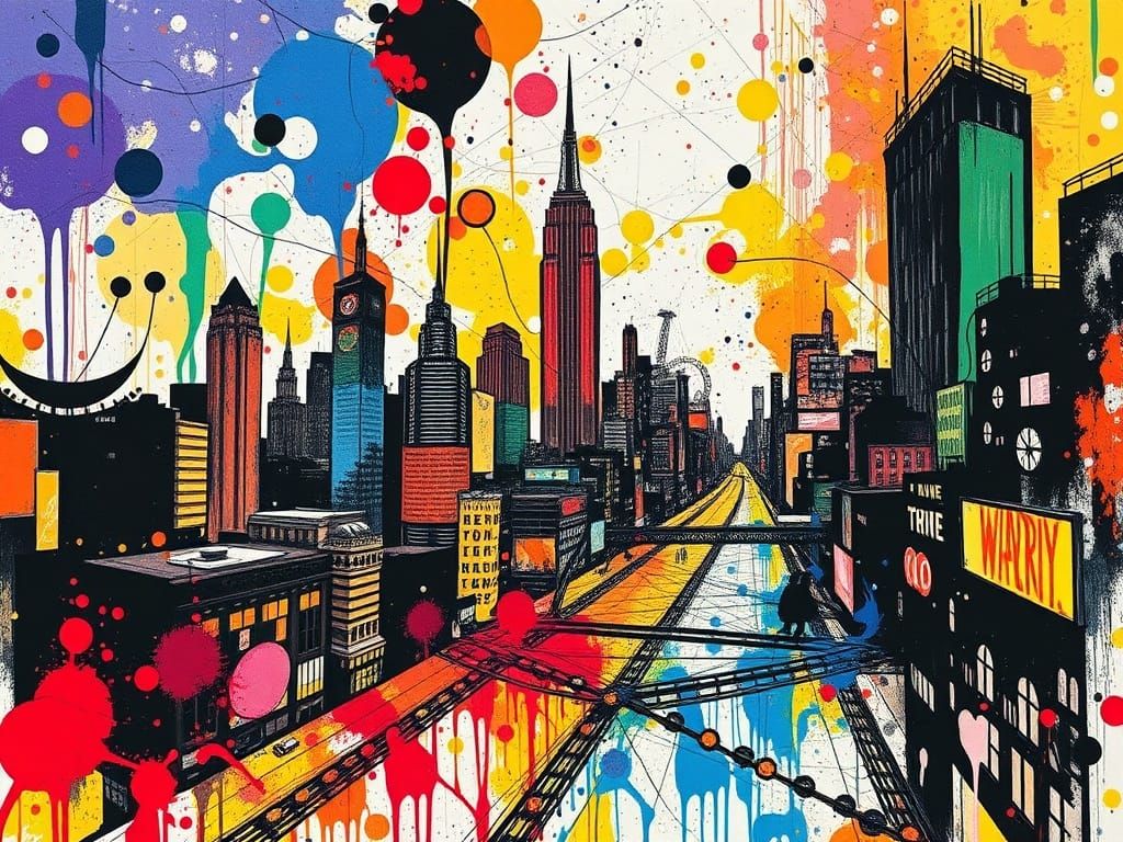 Vibrant Ink Splatter Cityscape: An Absurd Creation