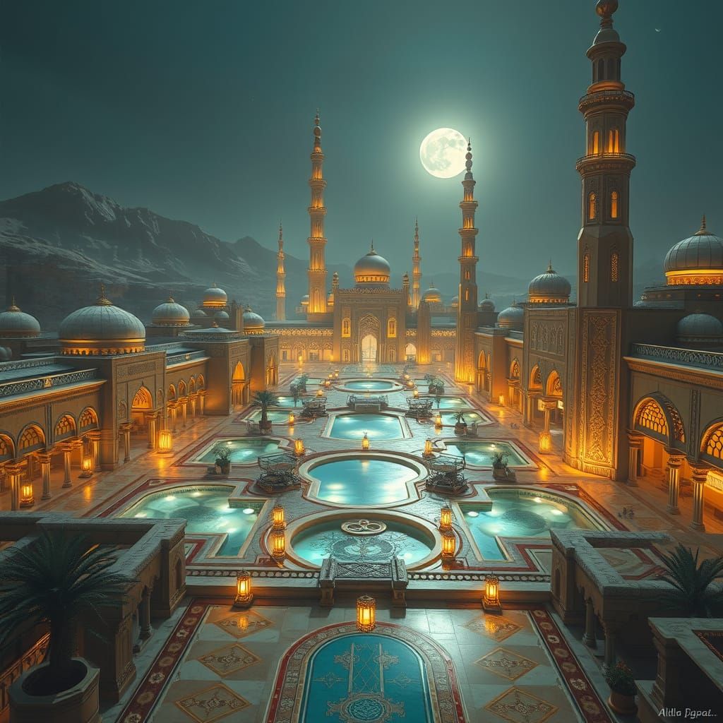 Luxurious Desert Oasis at Night