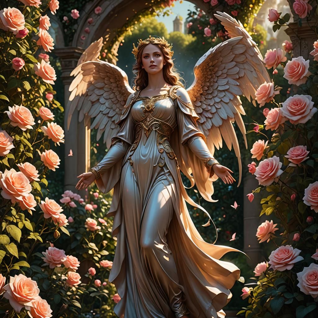 Angelic Figure in Rose Garden, Detailed Matte Painting