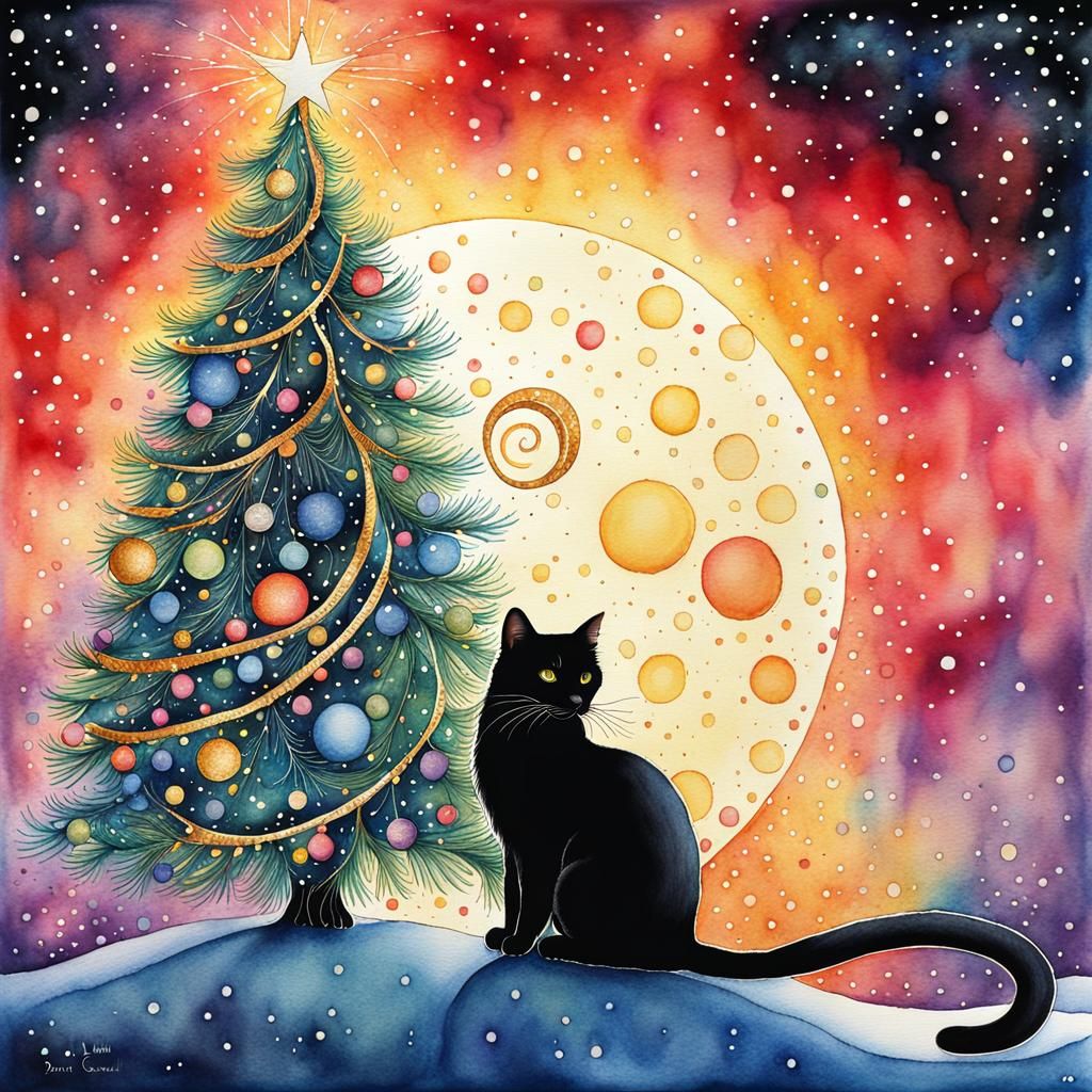 Christmas Cat in Surreal Watercolor Ink Art