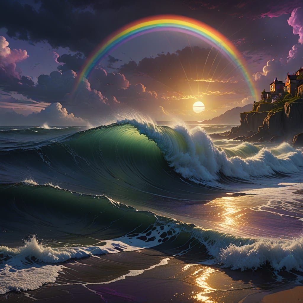 Rainbow Over the Raging Ocean: Dark Fantasy Art