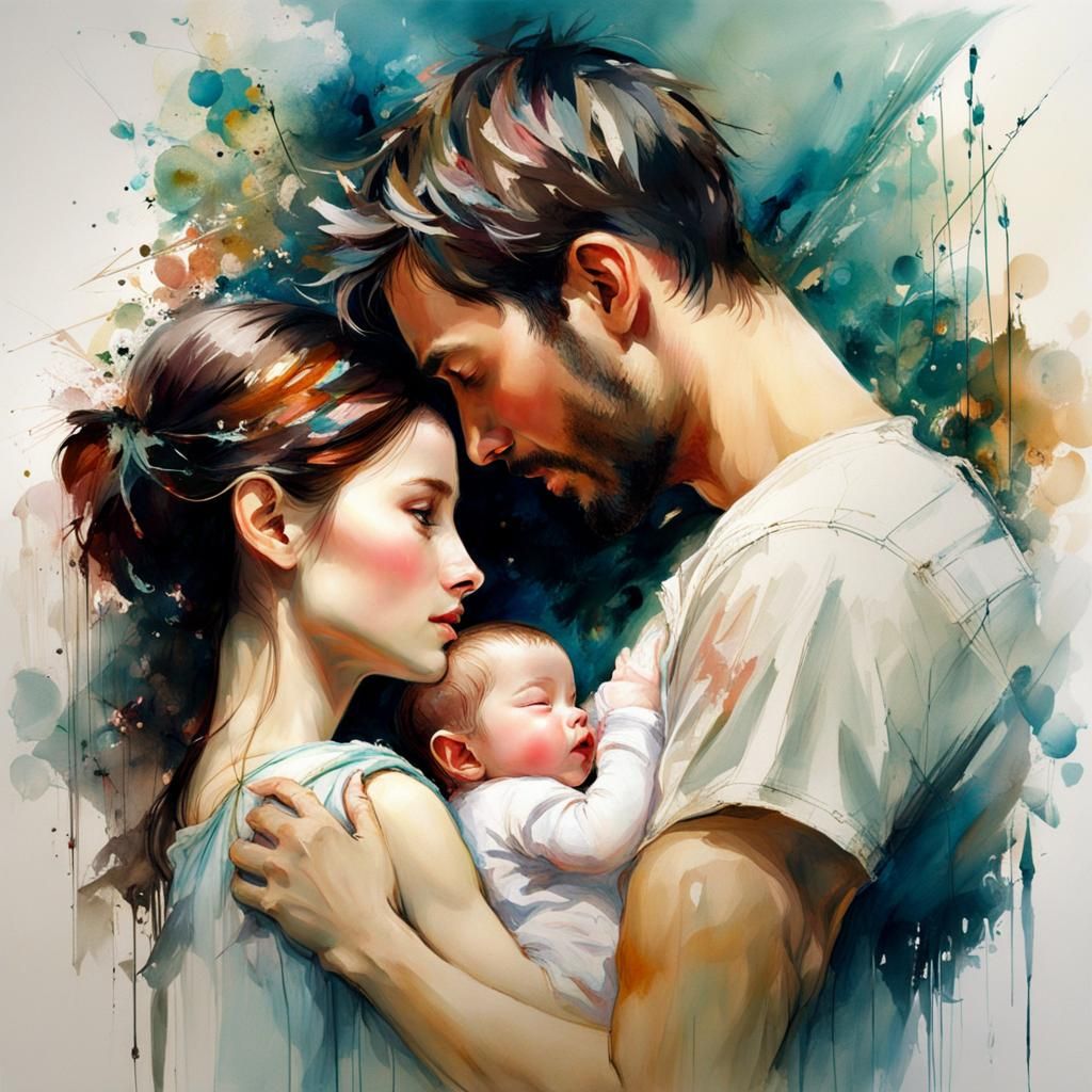 Couple Adoring Newborn Baby: Pre-Raphaelite Style