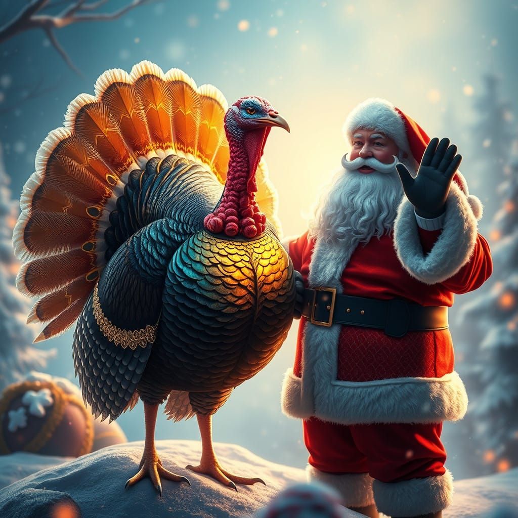 Regal Turkey Defies Santa in Vibrant Winter Wonderland Scene