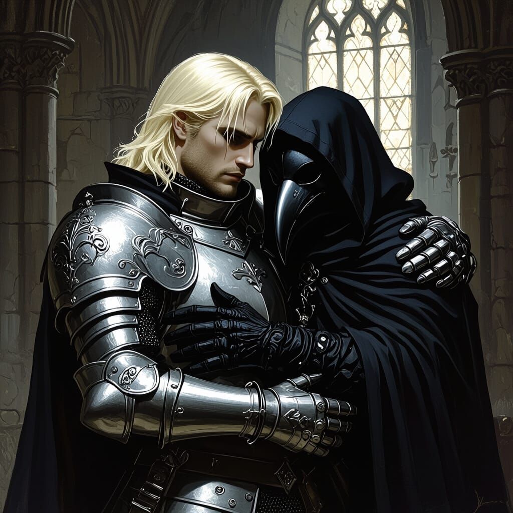 Blond Knight Held by Raven Masked Plague Doctor in Gothic Ch...