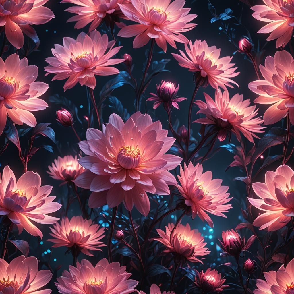Pink Glowing Flower Blooms at Night: Surreal Concept Art