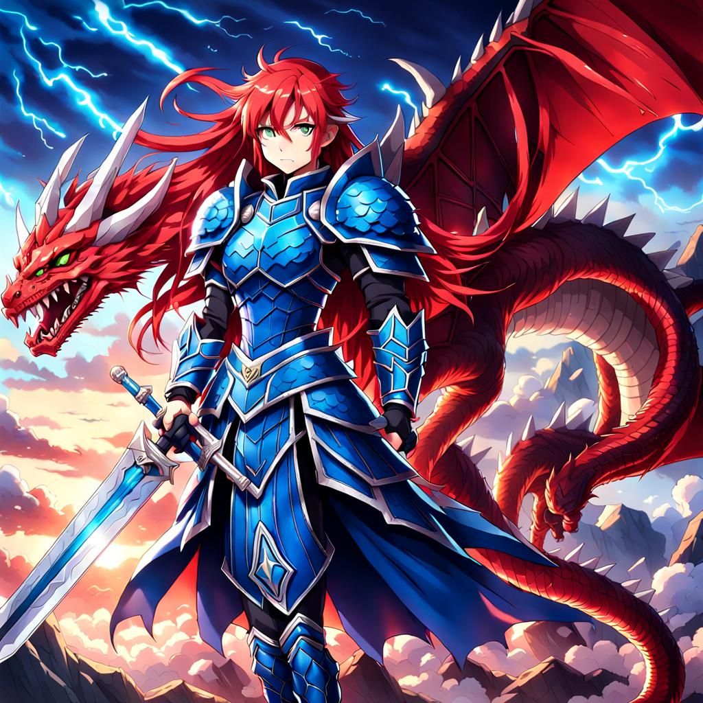 Crimson-Haired Warrior in Dragon Armor, Anime Style