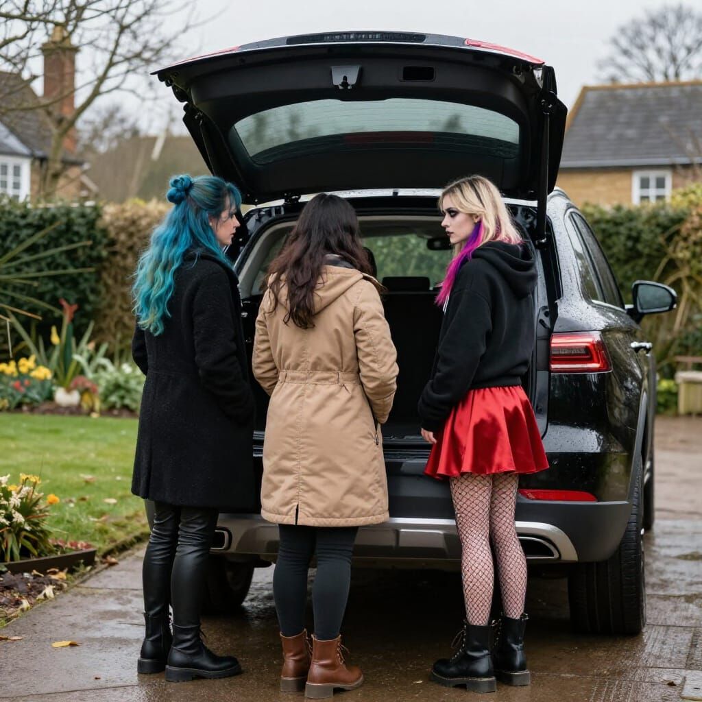 Women Enter SUV in Damp English Garden