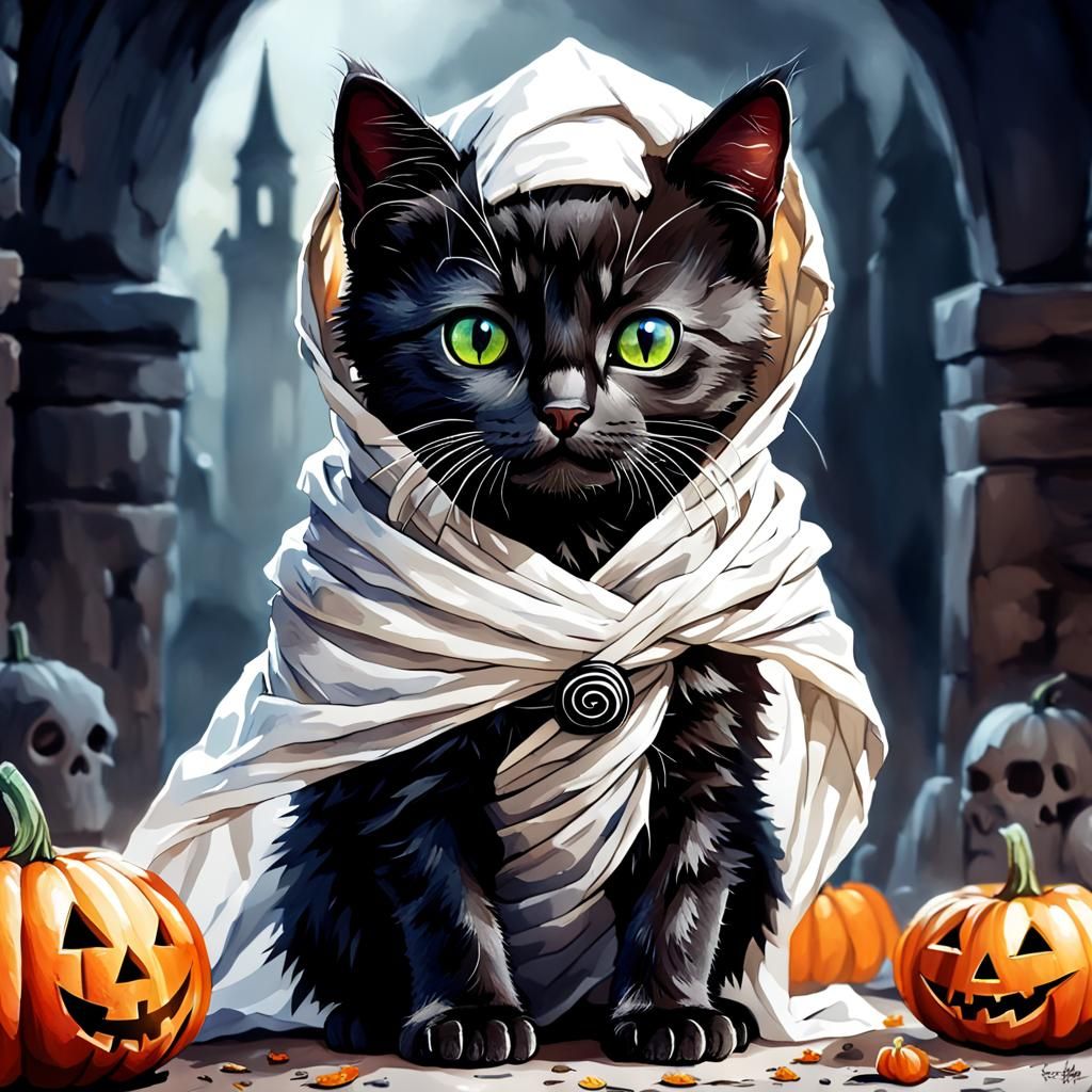 Halloween Kitten Mummy in Watercolor Style