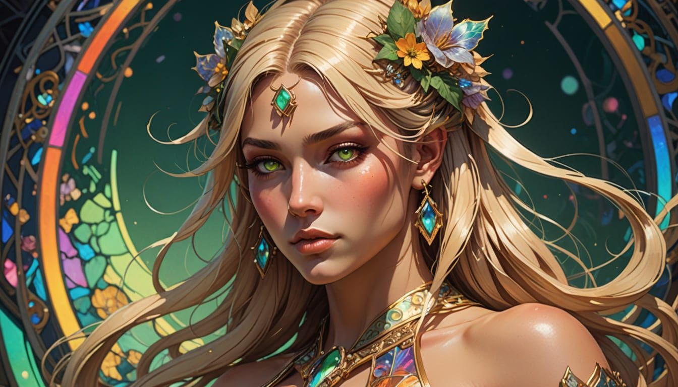 Ethereal Half-Japanese Warrior Goddess in Vibrant Holographi...