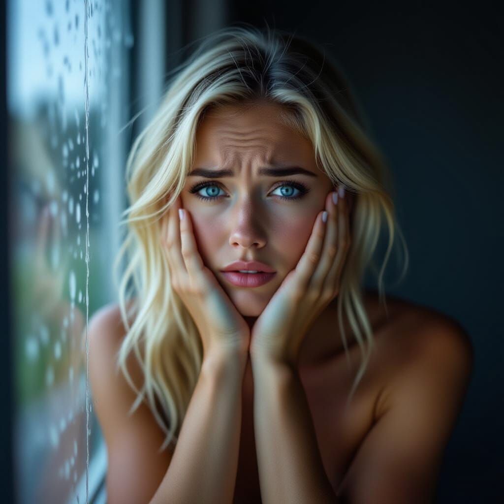 Sad Woman With Blue Eyes Gazes Through Foggy Window